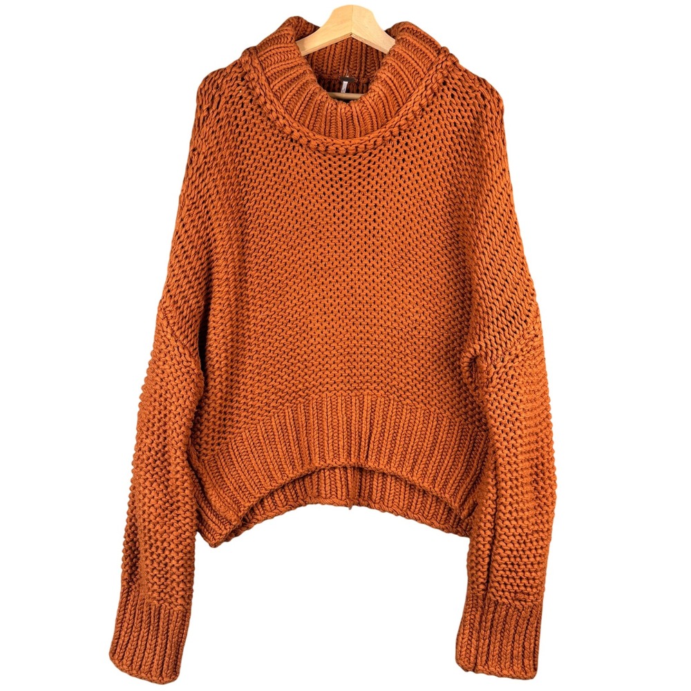 Free People My Only Sunshine Sweater XL Burnt Orange Chunky Knit Mock Neck Boho